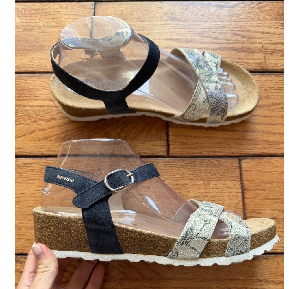 Mephisto Stela Light Sand Sandals Women 40 Black Blue Cork Wedge Metallic Snake